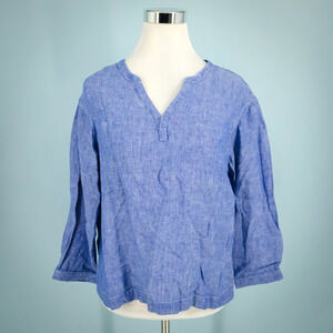 L.L. Bean Size Small S Blue Premium Washable Linen Split V Neck 3/4 Sleeve Top